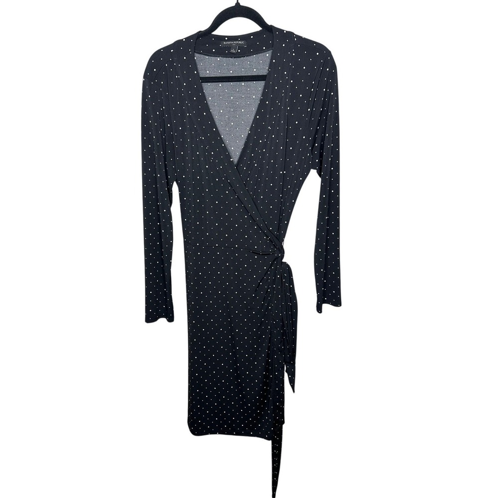 Banana Republic Polka Dot Midi Wrap Dress Women L Black White Long Sleeve Jersey